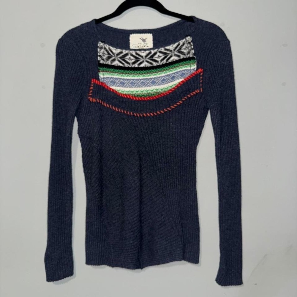 Tabitha Anthropologie Navy Ribbed Fair Isle Mixed‎ Media Sweater Lambswool Small